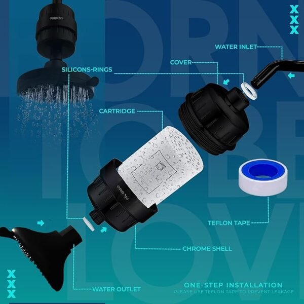 ORBON Shower Filter | Shower Filter for Hard Water | Hard Water Filter for Shower | Water Softener for Shower | With 15 Layers Filtration | With 3 In 1 Universal Filter Adapter & Teflon Tape | Black - Image 5